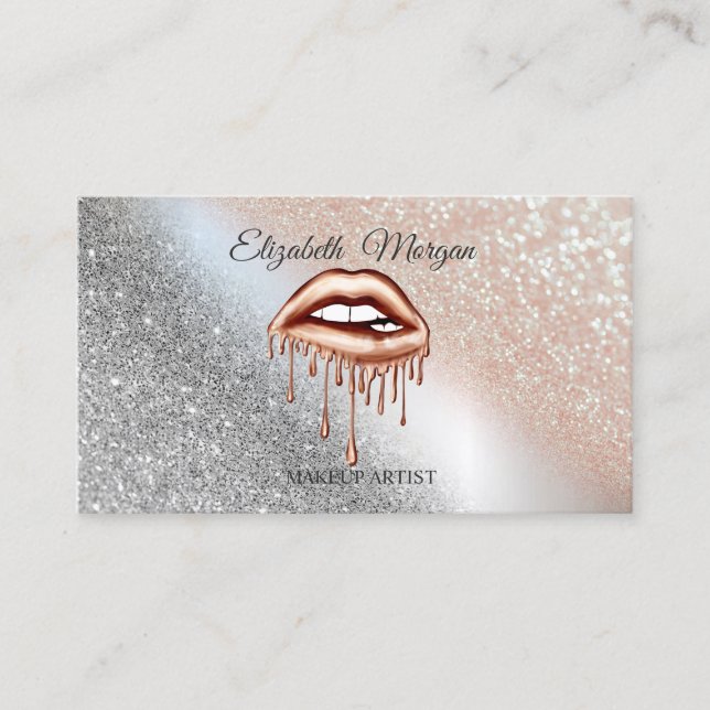 Glitter Metallic Dripping Lips Makeup Artist  Business Card (Front)