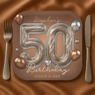 Glitter Metallic Silver and Bronze 50th Birthday Paper Plate