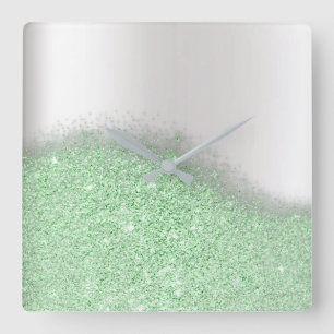 Glitter Mint Green Greenery Grey Minimal Metallic Square Wall Clock