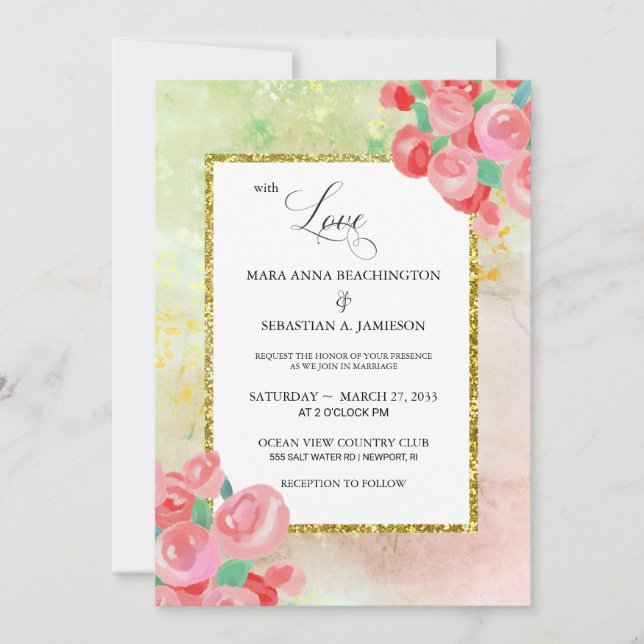 *~* Glitter Modern Abstract Floral Mint Blush Invitation (Front)