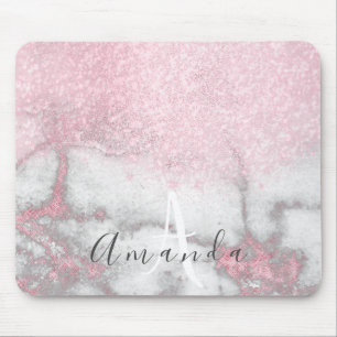 Glitter Monogram Makeup Artist Name Pink Marble Mouse Pad