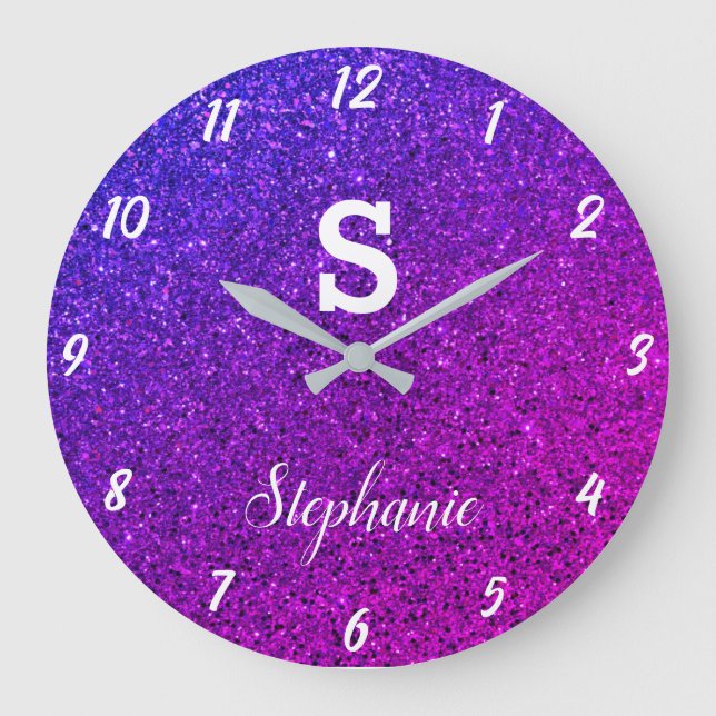 Glitter Monograms Purple Pink Elegant Gift Favour Large Clock (Front)