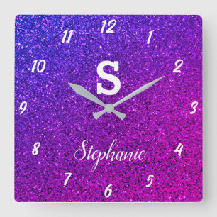 Glitter Monograms Purple Pink Elegant Gift Favour Square Wall Clock