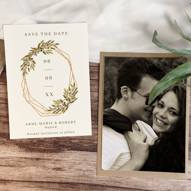 Glitter Olives & Leaves Frame Wedding Photo Save The Date (Creator Uploaded)