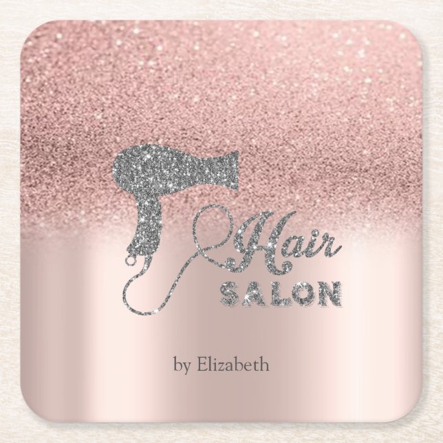 Glitter Ombre Rose Gold Hearts,Hairdryer   Square Paper Coaster (Front)