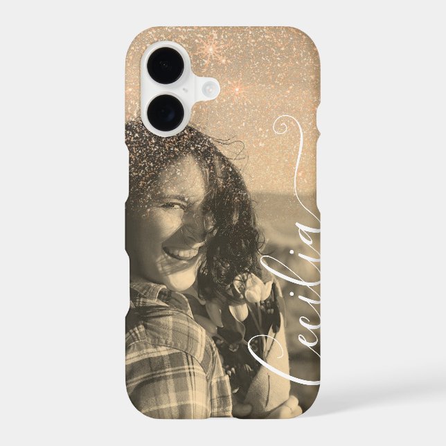 Glitter Overlay Sepia Photo Template Custom Name iPhone Case (Back)