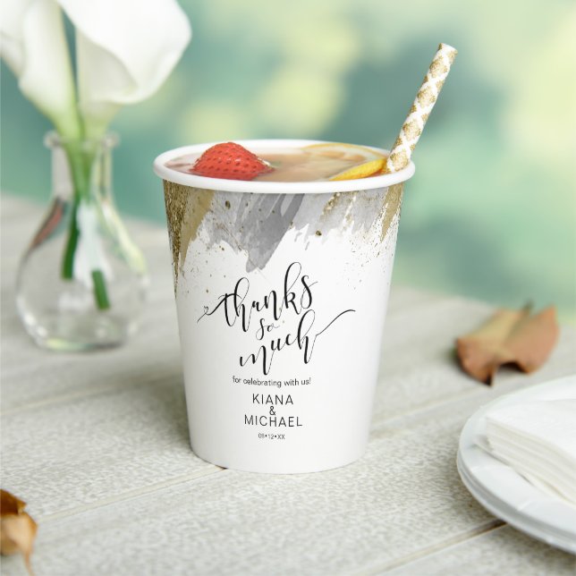 Glitter & Paint Strokes Wedding Thanks Gold ID626 Paper Cups (Insitu)
