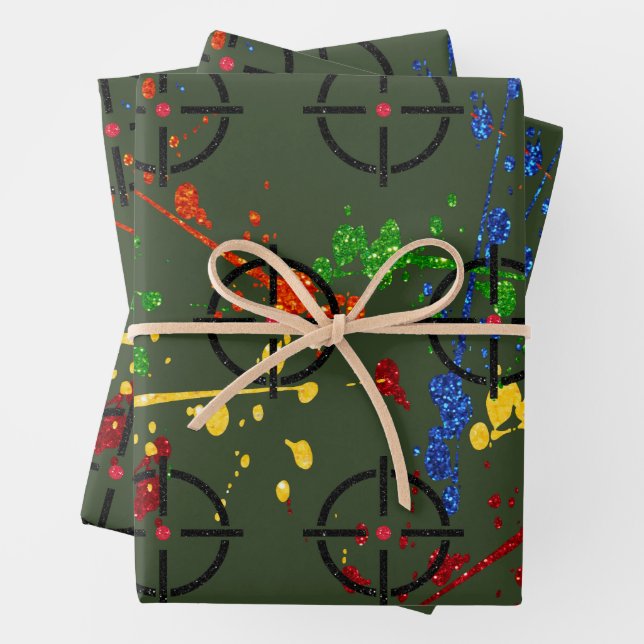 Glitter Paintball Party Targets Wrapping Paper Sheet (In situ)