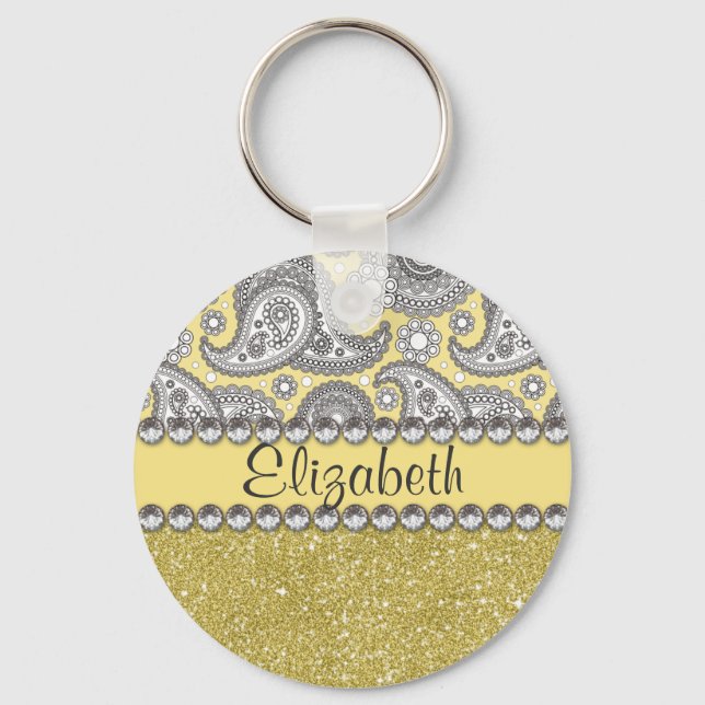 Glitter Paisley Rhinestone Print Pattern Key Ring (Front)