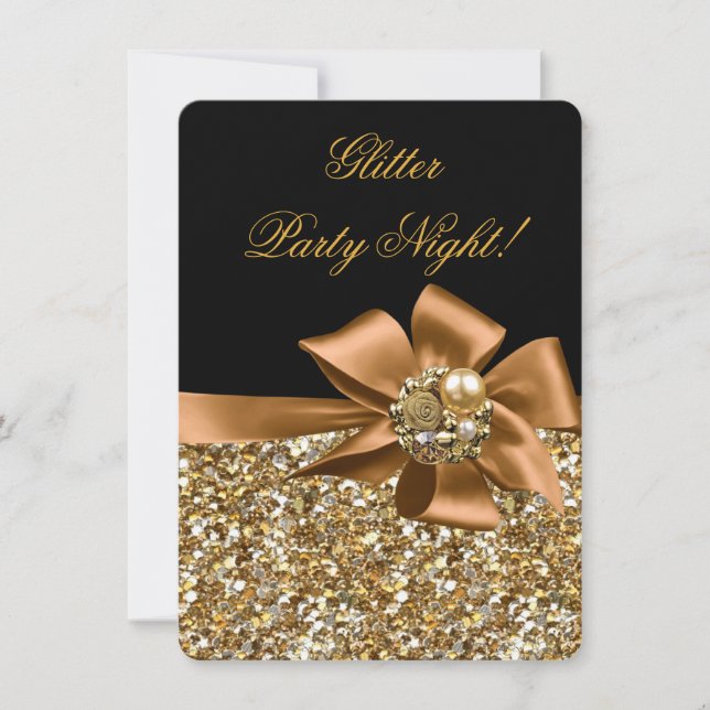 Glitter Party Night Gold Black Bronze Bow Jewel Invitation (Front)