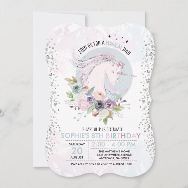 Glitter Pastel Floral Unicorn Birthday Invitation (Front)