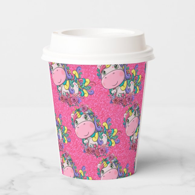 Glitter Pastle Pink Black Unicorn   Paper Cups (Back)