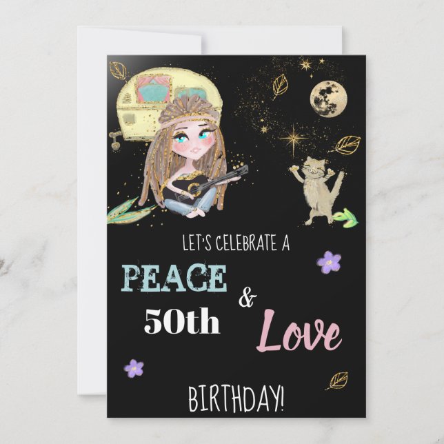 * Glitter Peace & Love Camping Hippie Birthday Invitation (Front)