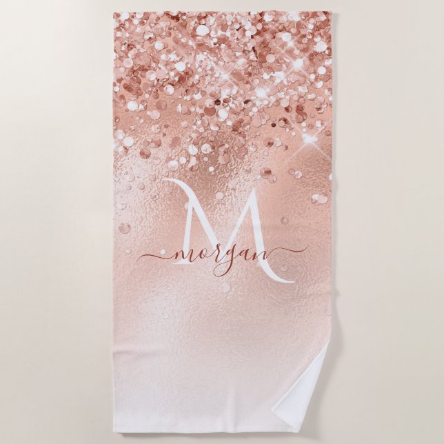 Glitter Peach Rose Gold Monogram Beach Towel (Front)