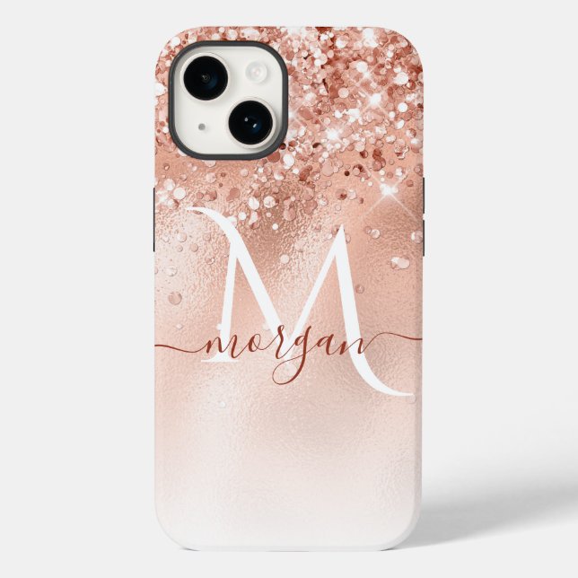 Glitter Peach Rose Gold Monogram Case-Mate iPhone Case (Back)