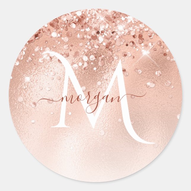 Glitter Peach Rose Gold Monogram Classic Round Sticker (Front)