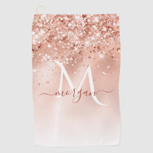 Glitter Peach Rose Gold Monogram Golf Towel