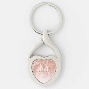 Glitter Peach Rose Gold Monogram Key Ring