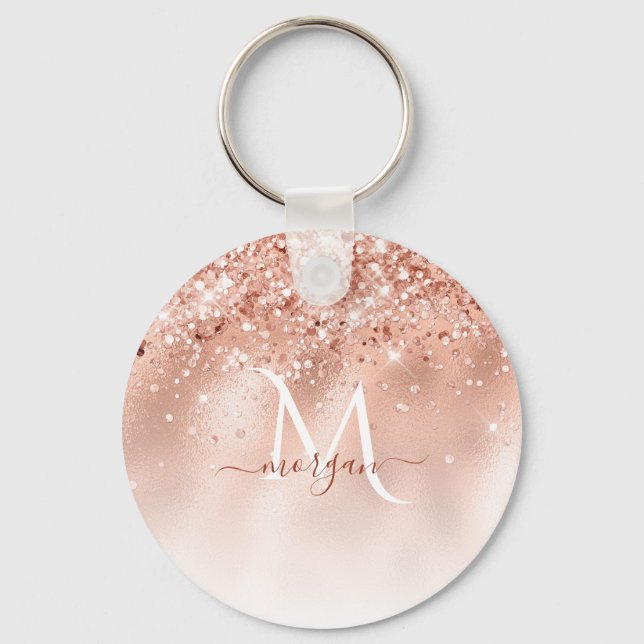 Glitter Peach Rose Gold Monogram Key Ring (Front)