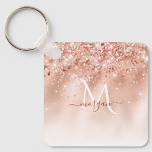 Glitter Peach Rose Gold Monogram Key Ring