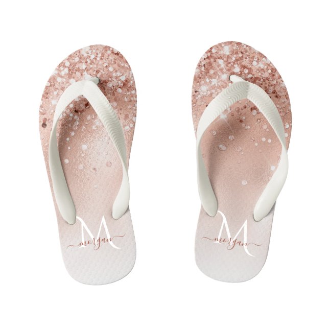 Glitter Peach Rose Gold Monogram Kid's Jandals (Footbed)
