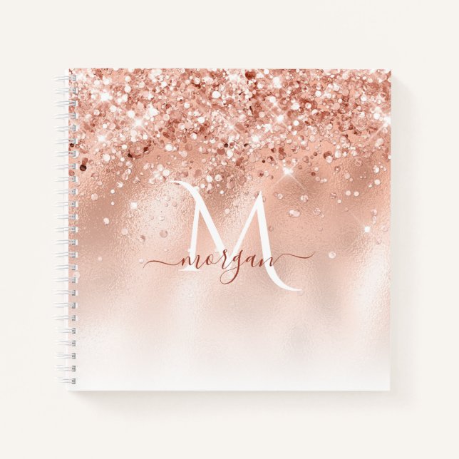 Glitter Peach Rose Gold Monogram Notebook (Front)