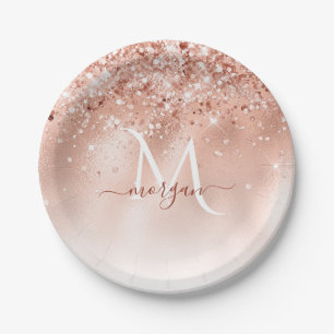 Glitter Peach Rose Gold Monogram Paper Plate
