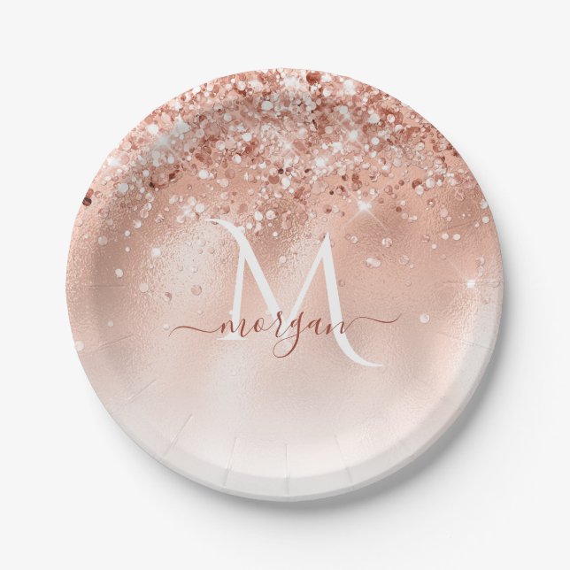 Glitter Peach Rose Gold Monogram Paper Plate (Front)