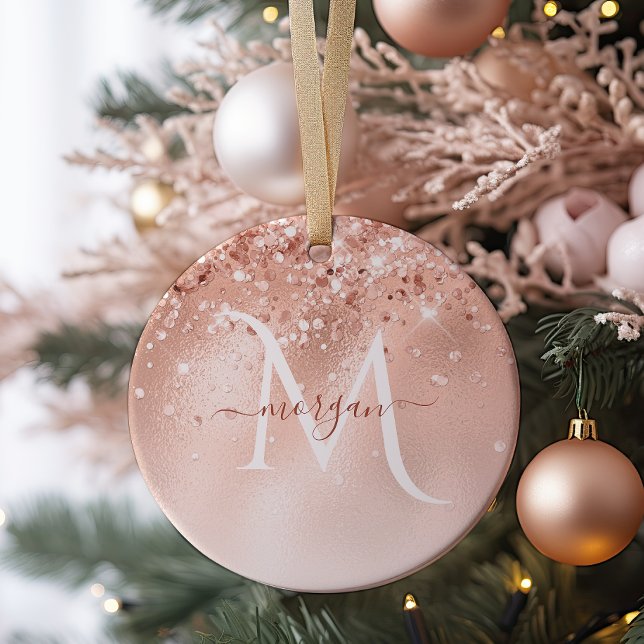 Glitter Peach Rose Gold Monogram Photo Ornament (Creator Uploaded)