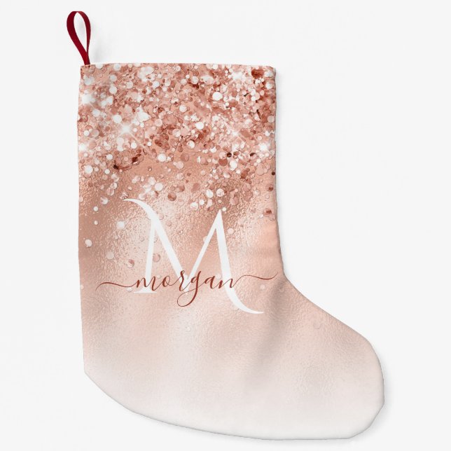 Glitter Peach Rose Gold Monogram Small Christmas Stocking (Front)