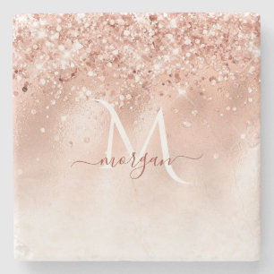 Glitter Peach Rose Gold Monogram Stone Coaster