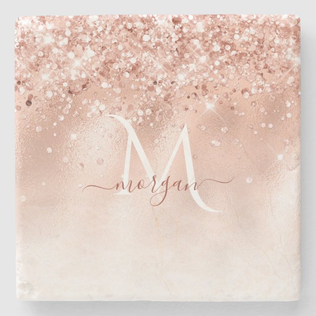 Glitter Peach Rose Gold Monogram Stone Coaster (Front)