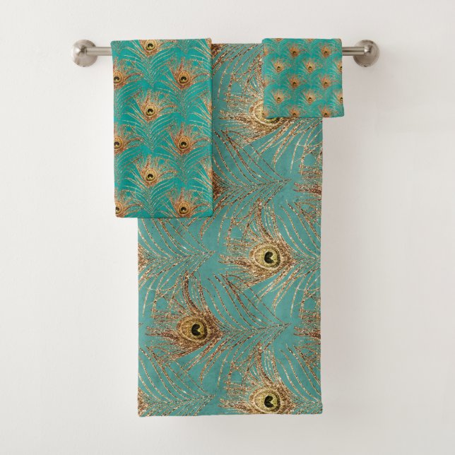 Glitter Peacock Feathers Pattern  Bath Towel Set (Insitu)