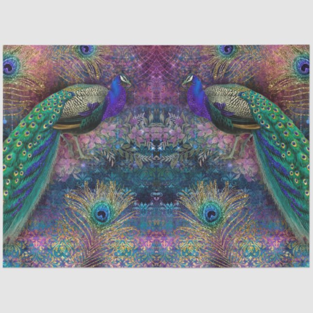 Glitter Peacocks Elegant Feathers Pink Decoupage Tissue Paper (Front)