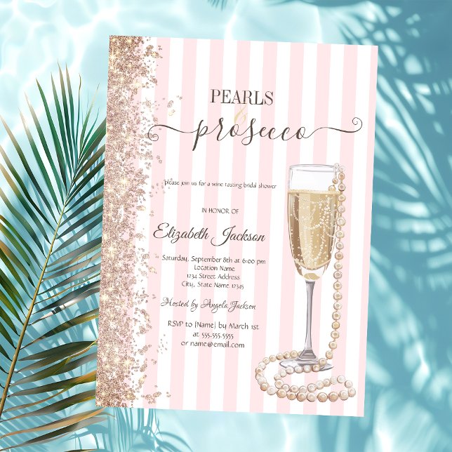 Glitter Pearls & Prosecco Pink StripeBridal Shower Invitation (Creator Uploaded)