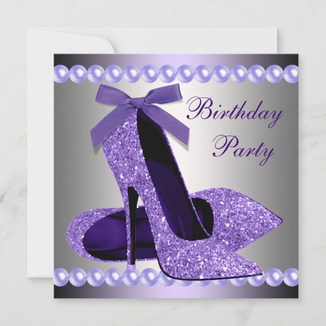 Glitter Pearls Purple High Heels Shoes Birthday Invitation (Front)