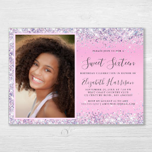 Glitter Photo Pink Sweet 16 Birthday Party Invitation