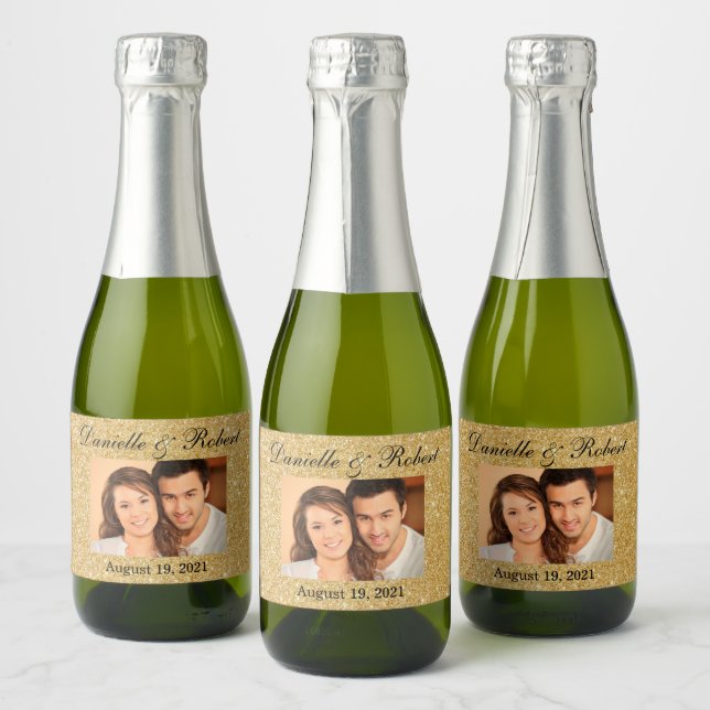 Glitter Photo Wedding Mini Sparkling Wine Favour L Label (Bottles)