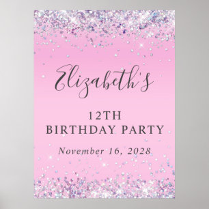 Glitter Pink 12th Birthday Party Poster
