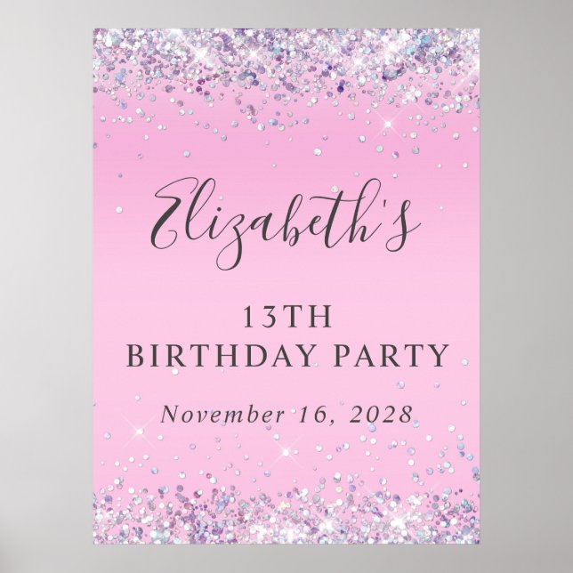 Glitter Pink 13th Birthday Party Poster (Front)