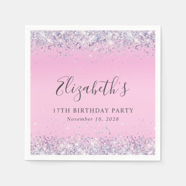 Glitter Pink 17th Birthday Party Napkin (Front)