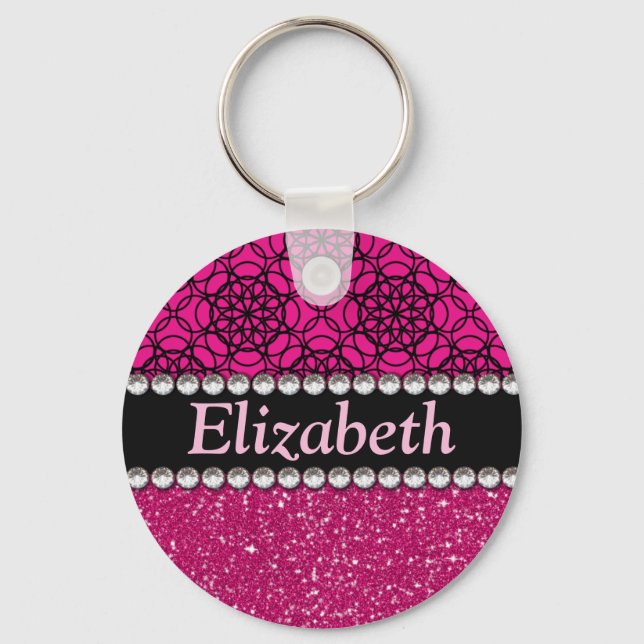 Glitter Pink and Black Pattern Rhinestones Key Ring (Front)