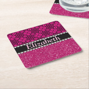 Glitter Pink and Black Pattern Rhinestones Square Paper Coaster