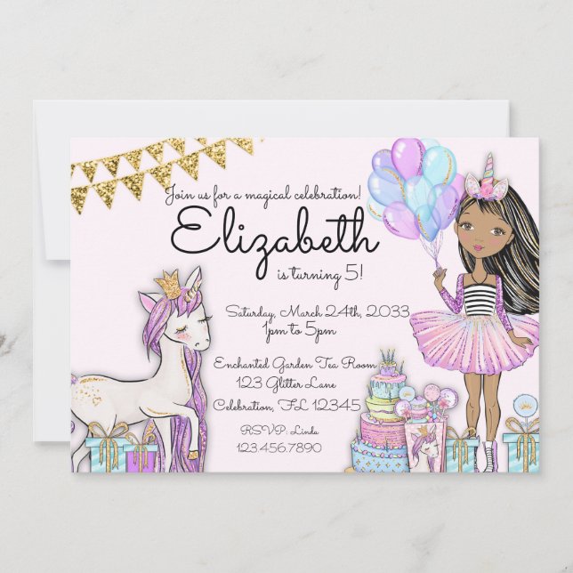 Glitter Pink Birthday African American Unicorn Invitation (Front)