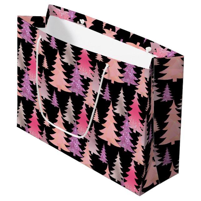 Glitter Pink Black Christmas Tree Pattern Large Gift Bag (Front Angled)
