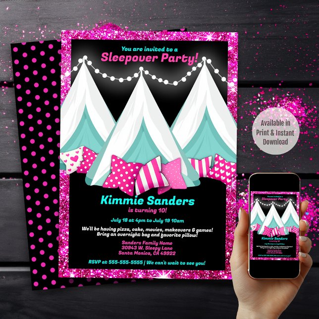 Glitter Pink Blue Black Teepee Sleepover Birthday  Invitation (Available in Print and Instant Download)