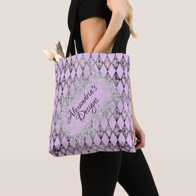 Glitter Pink Blush Harlequin Personalised Tote Bag (Close Up)