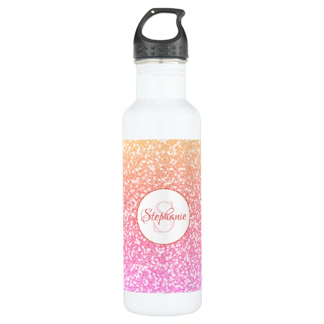 Glitter Pink Coral Rose Gold Round Monogram 710 Ml Water Bottle (Front)