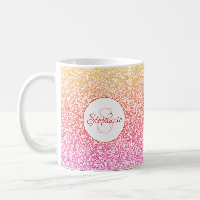 Glitter Pink Coral Rose Gold Round Monogram Coffee Mug (Left)