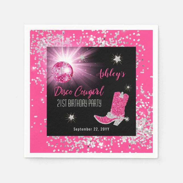 Glitter Pink Disco Cowgirl 21st Birthday Party Napkin (Front)